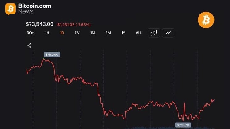 
			Трейдеры вернули курс биткоина выше отметки в 73 000 долларов после волны ликвидаций на сумму 352 млн долларов		